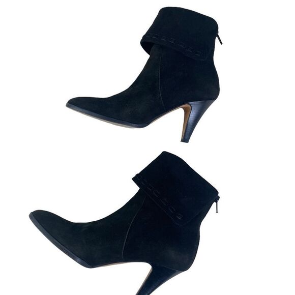Saks Fifth Avenue 9 black suede heeled booties with fold over - Picture 1 of 9